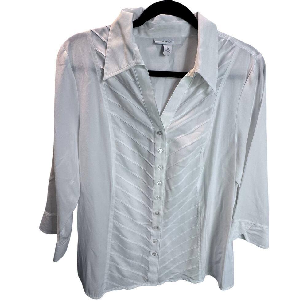 Dressbarn White Button Up Blouse XL Pleated Chevron Front 3/4 Sleeve Collared
